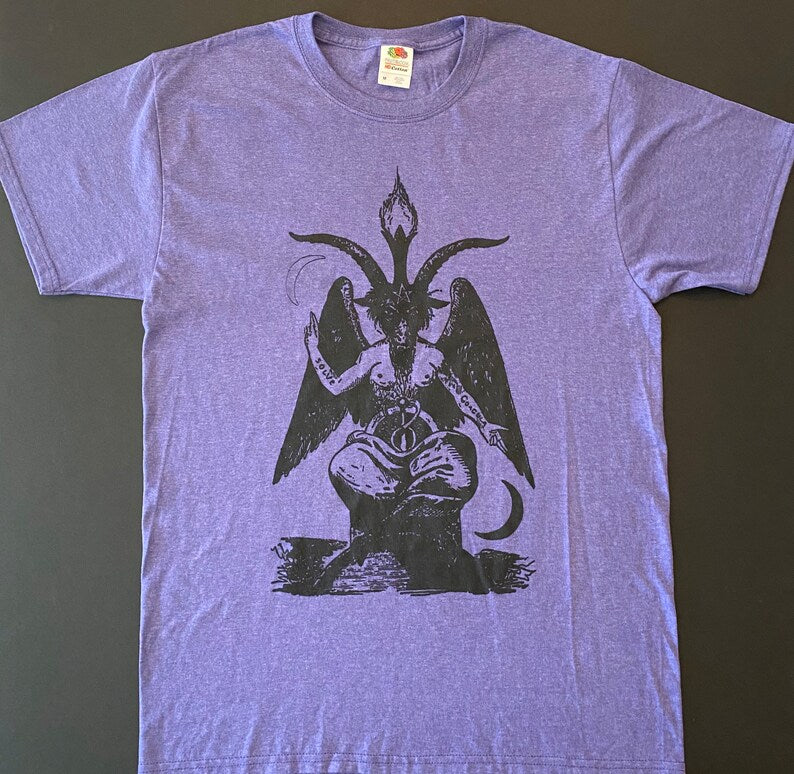 BAPHOMET RETRO PURPLE T SHIRT WITH BLACK GOAT T SATANIC HALLOWEEN SHIRT