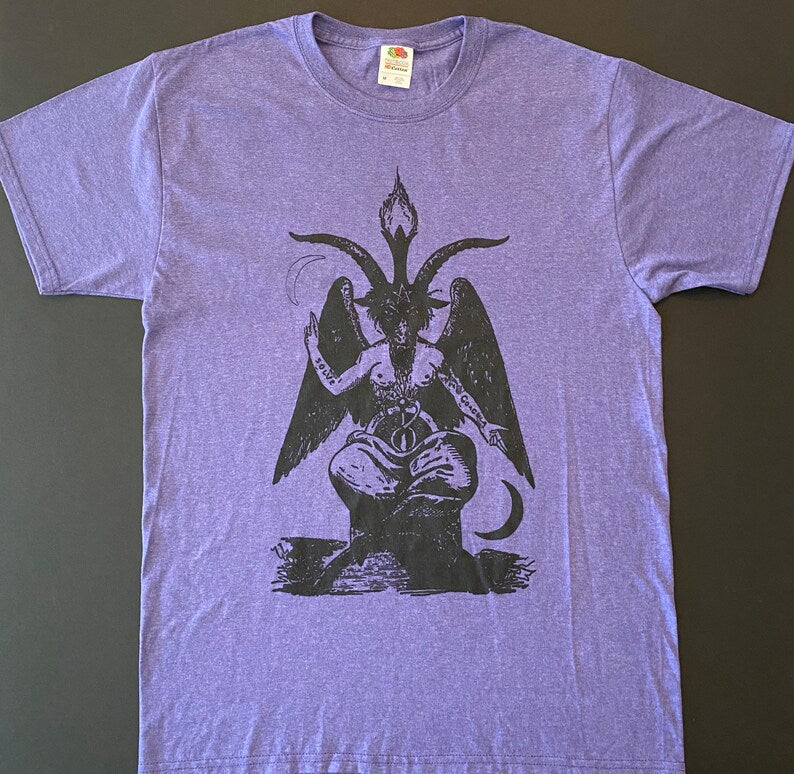 BAPHOMET RETRO PURPLE T SHIRT WITH BLACK GOAT T SATANIC HALLOWEEN SHIRT