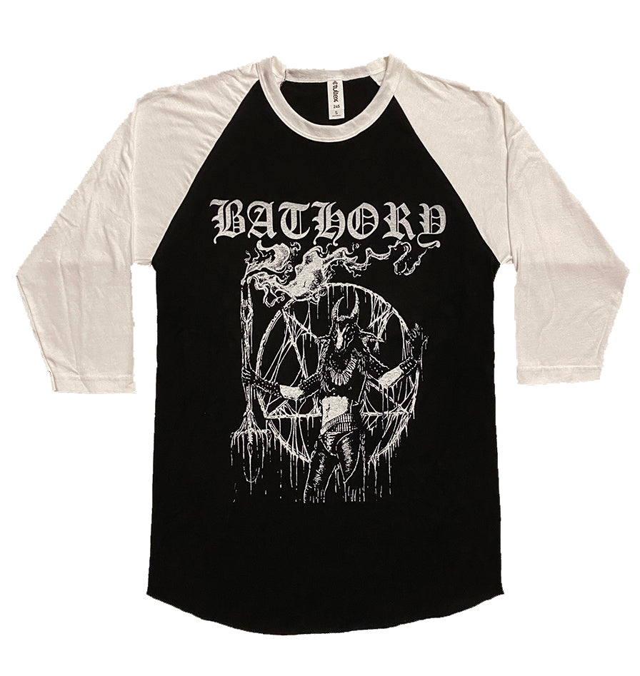 Bathory " Satan Is My Master " 3/4 sleeve T-shirt Three-quarter sleeve length Baseball Tee in Black (body)/ White (sleeves)