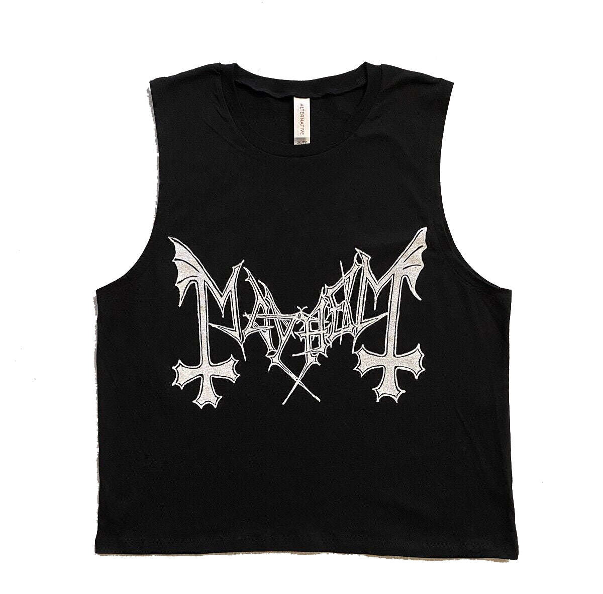 Mayhem ladies Black crop top with white logo