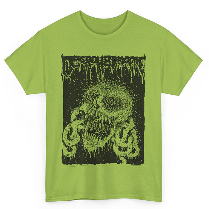 Necroharmonic T shirt with black print on Green