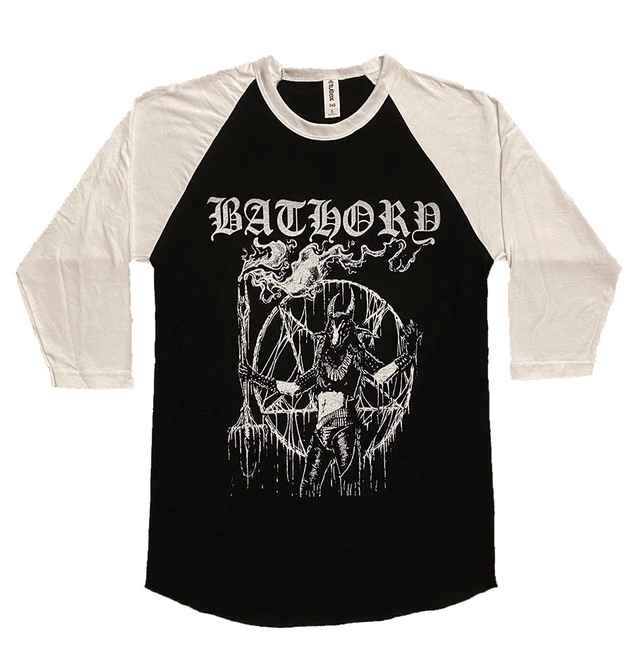 Bathory " Satan Is My Master "  3/4 sleeve T-shirt     Three-quarter sleeve length Baseball Tee in Black (body)/ White (sleeves)