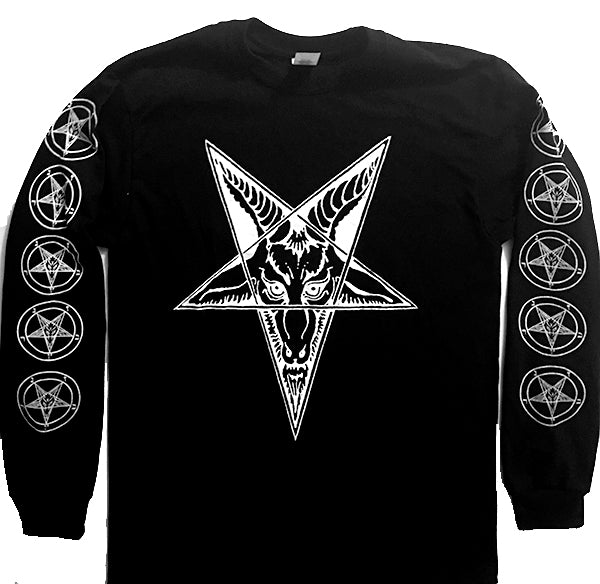 Baphomet Goat Head - Long Sleeve T-shirt with Pentagram Sleeve Print