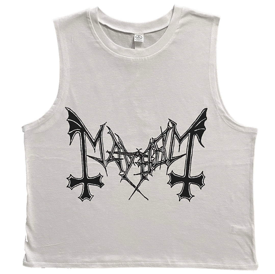 Mayhem " Logo " White CROP Ladies Muscle Tank top