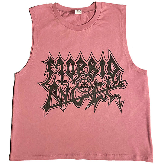 ladies metal pink crop top graphic tee death metal logo black metal logo writing