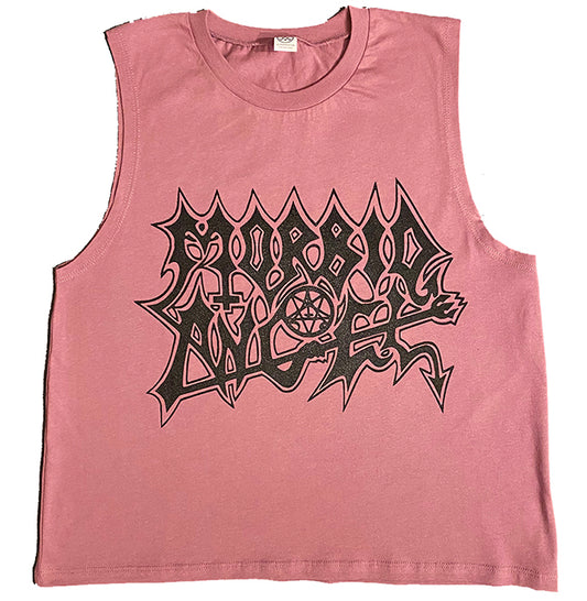 ladies metal pink crop top graphic tee death metal logo black metal logo writing