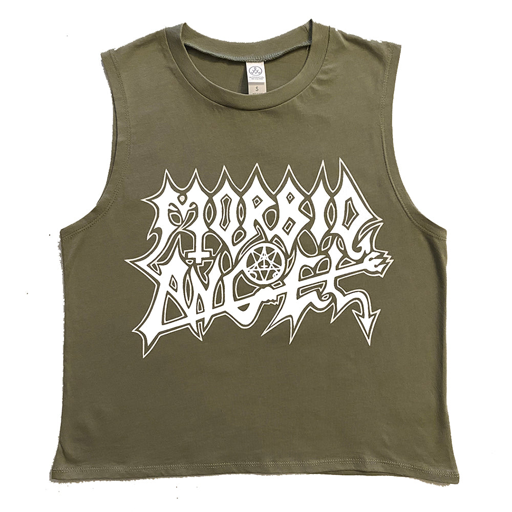 Morbid Angel " White Logo " Military Green CROP Ladies Muscle Tank top  