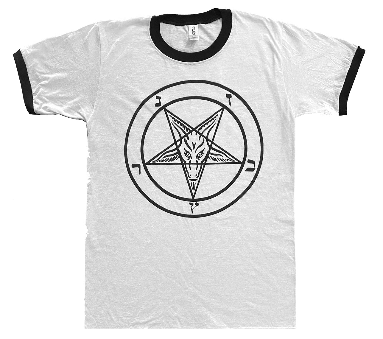 Pentagram Ringer T shirt  Super stylish satanic / witchy / halloween Tee , white body T shirt with black printed Pentagram design 