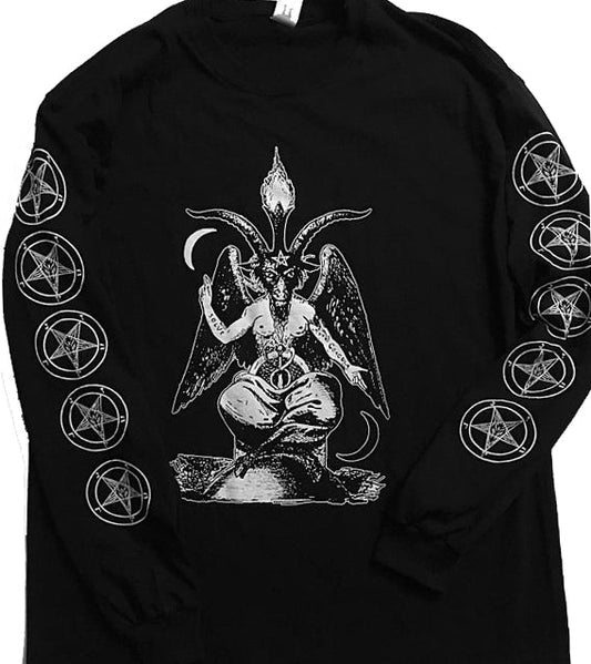 Baphomet  Long Sleeve T shirt with Pentagram Sleeve prints