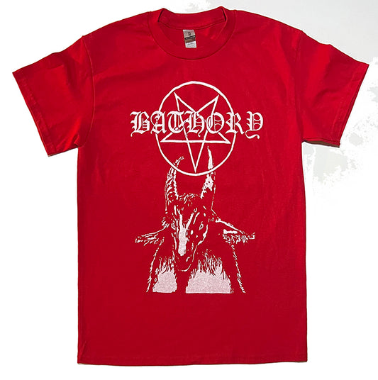 Bathory " Pentagram Goat " T shirt in red thrash metal shirt red cult