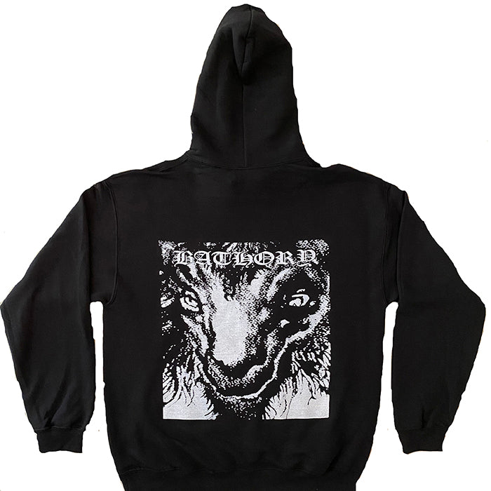 Logo is the classic 1984/1985 early "  Pentagram  Bathory logo " on the  Hoodie front / and Goat Back print 