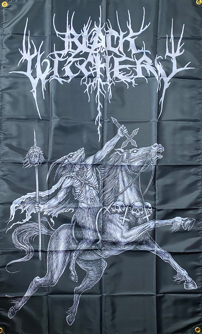 black witchery flag black metal blasphemy moyen art cult  horse flag graveyard pentagram
