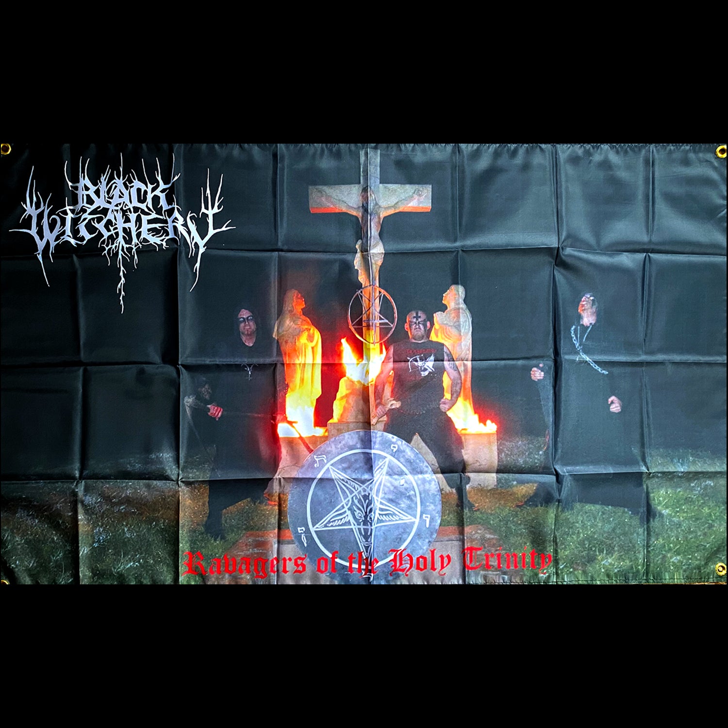 black witchery flag black metal blasphemy flag graveyard pentagram satan satanic 