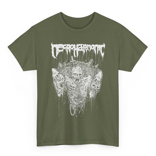 Necroharmonic Grave Ghoul T shirt Military Green white print