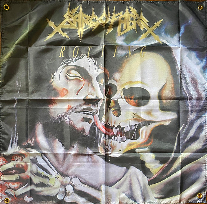 Sarcofago Rotting LP vinyl record photo on a flag black metal death tapestry