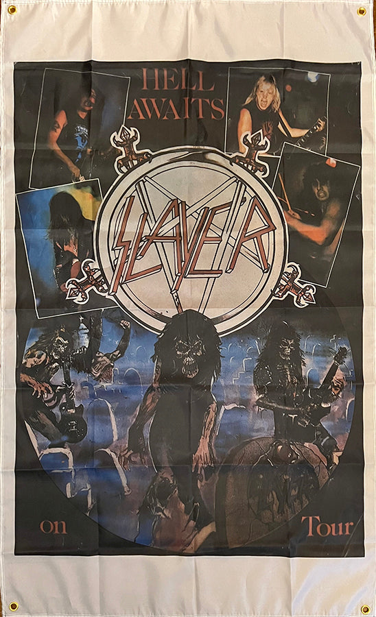 slayer hell awaits tour flag tapestry vintage poster art 1985